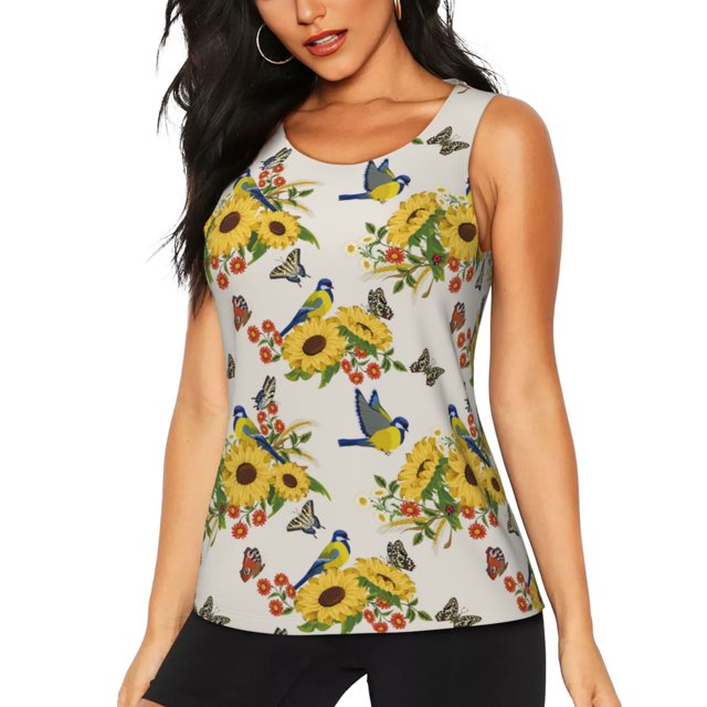 Fotbe Bird Sunflowers Blusas Sin Mangas para Mujer – Estilo Casual, Corte Suelto, Slim-Fit, Cuello Redondo Deportivo, Tops de Verano para Gimnasio y Yoga-Small