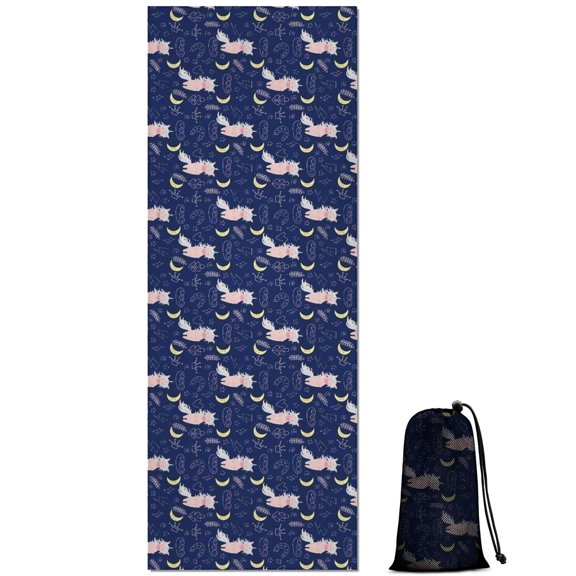 Dark Blue Cartoon Cat Unicorn Pattern (2) Hot Yoga Mat Towel Non Slip for Hot Yoga - Quick-Drying Yoga Mat Cover with 4 Corner Pockets with Travel Bag - Hot Yoga Towel Non Slip 70"x26"