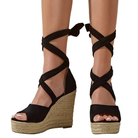 

Womens Lace Up Platform Wedge Espadrille Sandals Open Toe Cross Slingback Summer Shoes