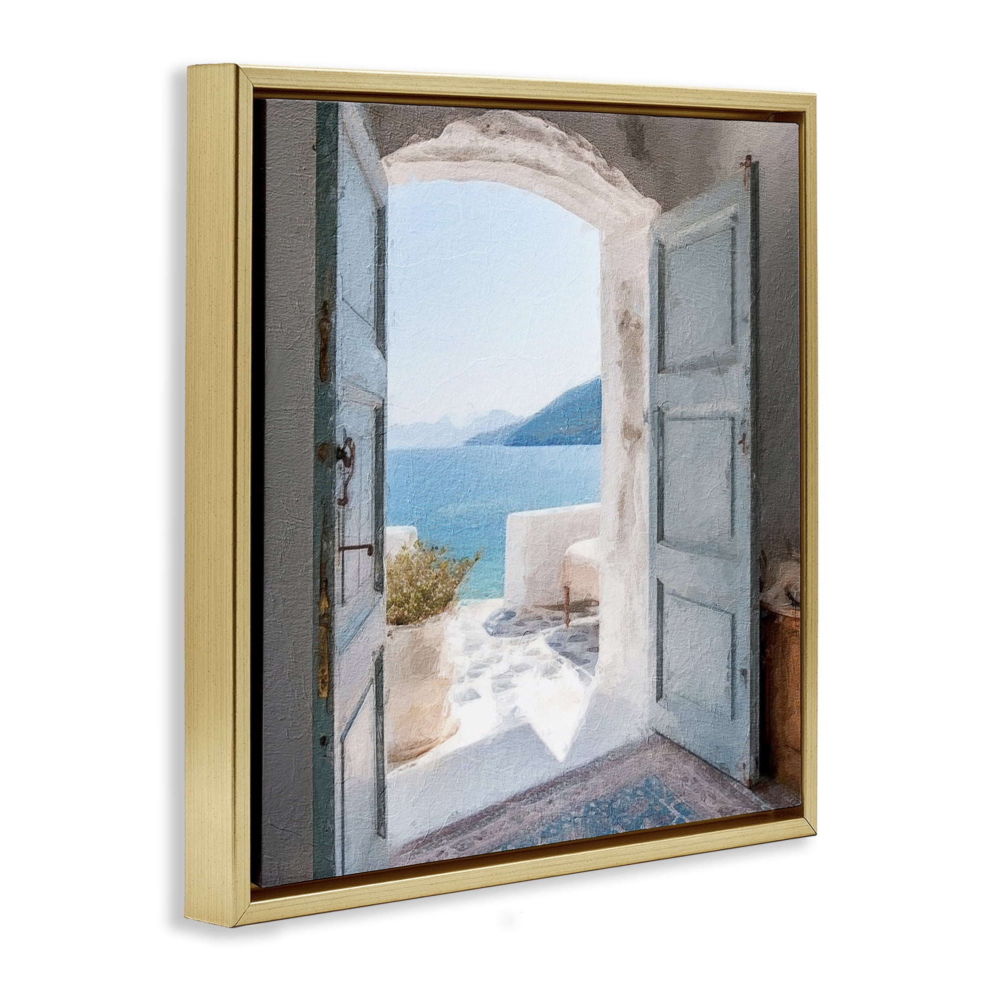Stupell Industries Costal Door to Ocean Town & City Painting Gold Floater Framed Canvas Art Print Wall Art, 25 x 25