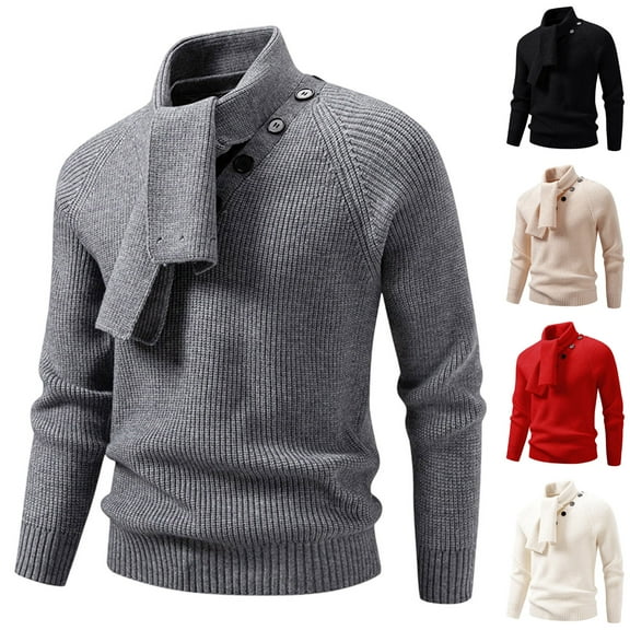 hlysgo Big and Tall Sweaters for Men with Scarf Trendy Texture Solid Color Pullover Sweater Dressy Casual Long Sleeve Knitted Tops Gray XXXXL