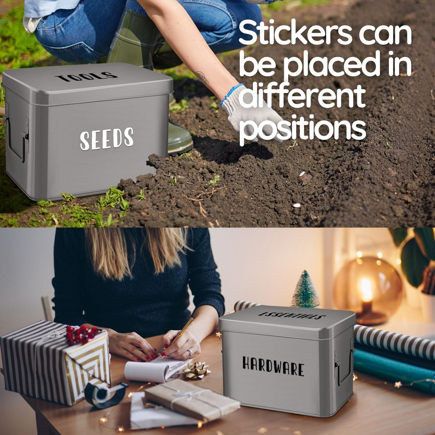 Flexzion Tin Storage Box with Removable Tray, Seed Organizer Box and Metal Seed Holder Organizer with Hinged Lid, Versatile Toolbox Container for Crafts, Hardware, Tools and Essentials, Gray