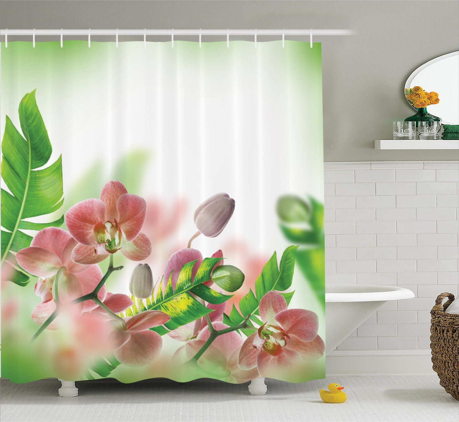 Tropical Decor Shower Curtain Set, Tropical Orchids Branch Stem Petal