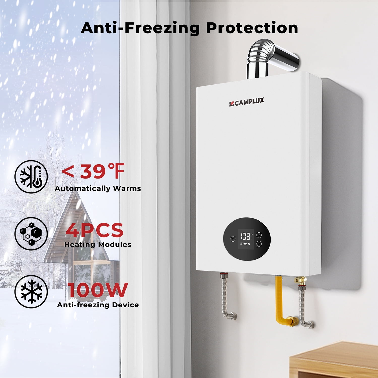 CAMPLUX Propane Gas 2.64 GPM 65,000 BTU Tankless Water Heater for Indoor, 120-volt
