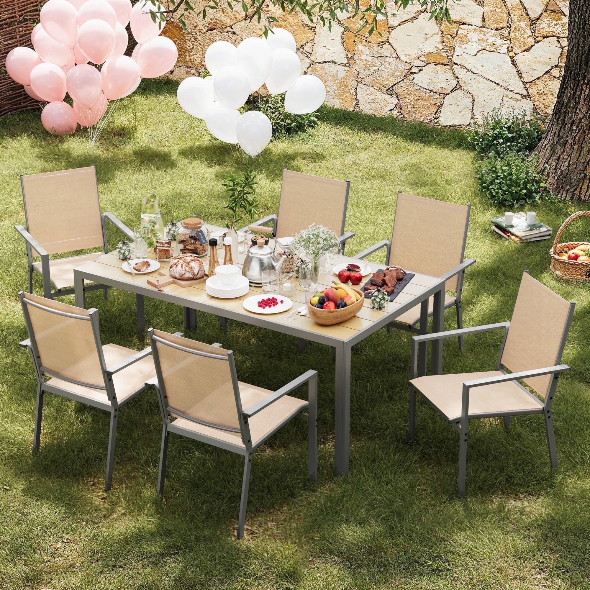 Noelse Patio Dining Set, 7 Pieces Patio Table and Chairs Set Side Umbrella Hole with and 6 Stackable Textilene Patio Chairs for Backyard, Brown