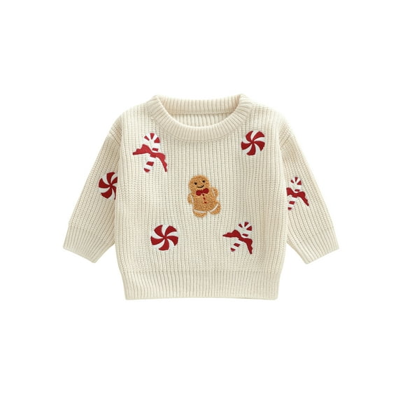 Jaweiwi Toddler Baby Christmas Sweater Candy Gingerbread Man Embroidered Ribbed Long Sleeve Knitted Tops for Winter