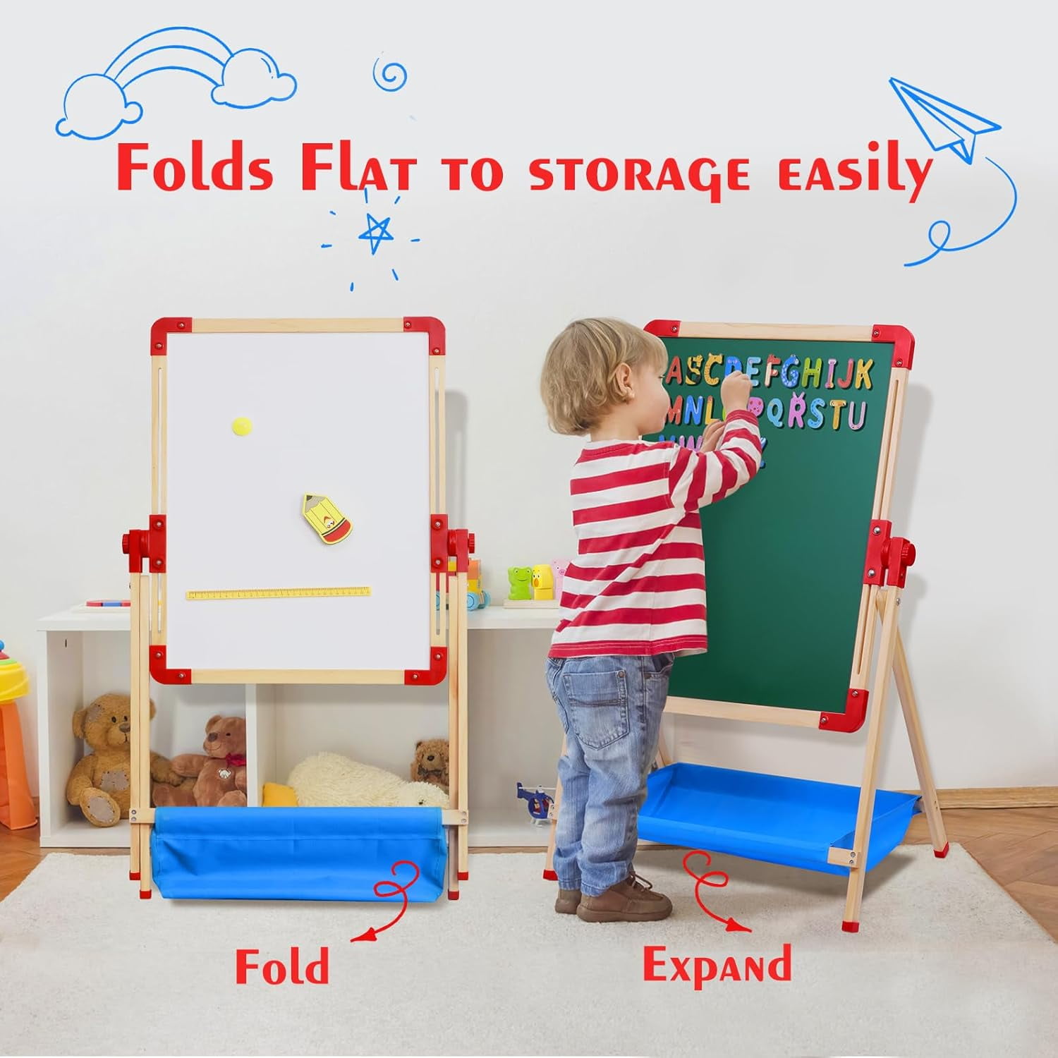 Art Easel for Kids Magnetic Wooden 18.9"x25.2" Double Sided Standing Toddlers Chalkboard - 360°Rotating Easel for Toddler Christmas Birthday Gift for 2-6 Years