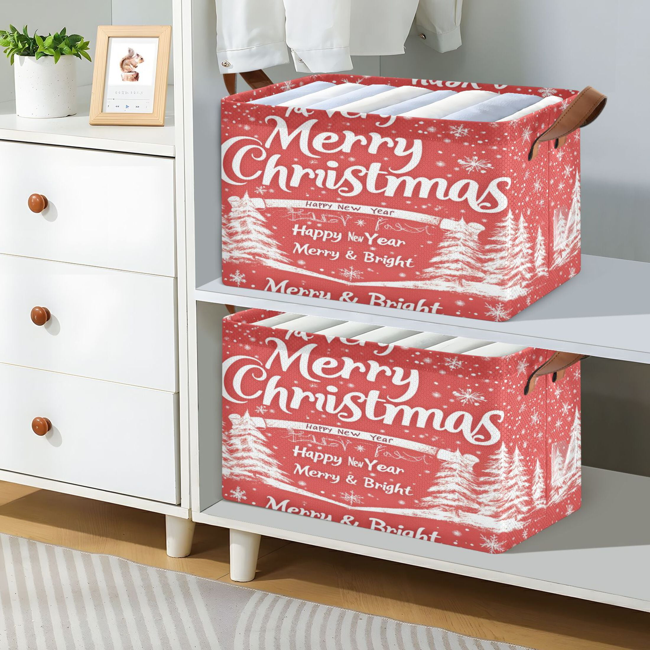 BZSMCE Collapsible Fabric Cube Storage Bins Simple Christmas Tree and Snowflake Design Pattern Storage Box