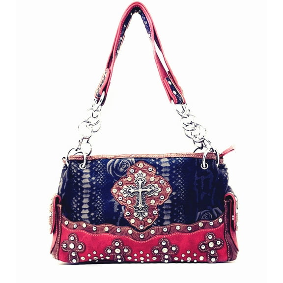Premium Western Rhinestone Suede Leather Womens Handbag Purse With Cross In Multi Colors