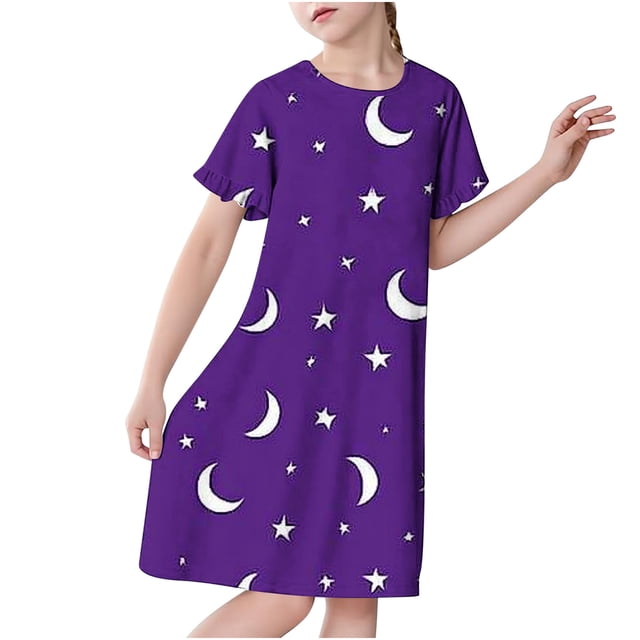 RXIRUCGD 2025 Vêtements d'Été pour Enfants 3-12 Ans Mode Imprimée Pyjama Rêveur Mi-Mollet Chemise de Nuit