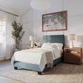 thumbnail image 1 of CorLiving Celeste Modern Upholstered Adult Twin Bed Frame with Headboard, Box Spring Required, Blue, 1 of 7