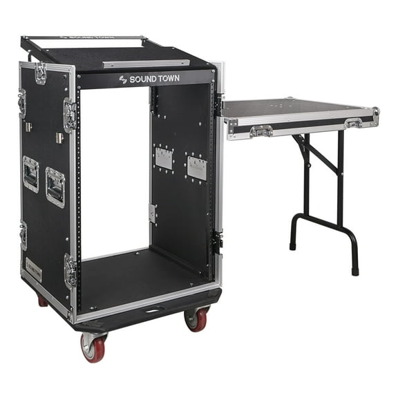 Sound Town 16U PA/DJ Rack/Road Case with 11U Slant Mixer Top, 20 Rackable Depth, DJ Work Table and Casters, 16-Space Size, Pro Tour Grade (STMR-16UWT)