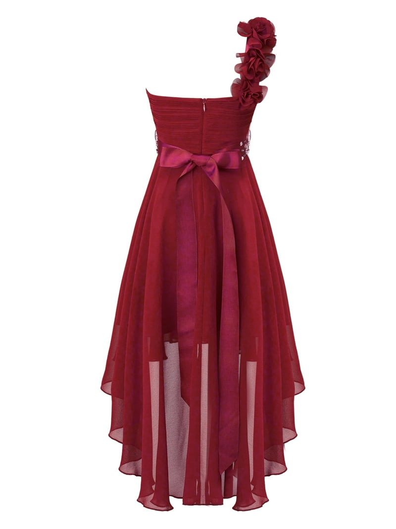YiZYiF Big Girls Chiffon One Shoulder Flowers Wedding Party Dress with  Detachable Rhinestone Sash