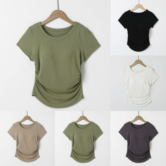 Fanxing Tops for Women Built in Bra Cozy Scoop Neck Short Sleeve T-Shirts Yoga Workout Tops White,M