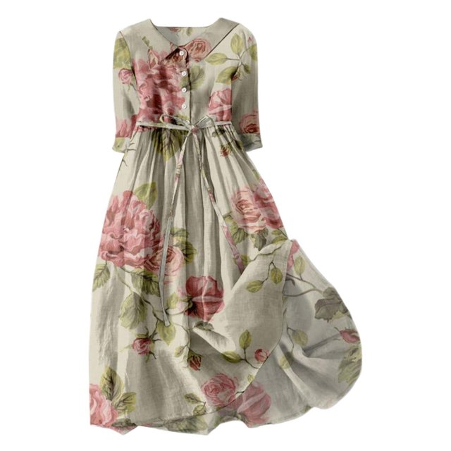 Pisexur Robe d'Automne pour Femmes 2024 Mode Imprimé Floral Robe de Retour à la Maison Manches Courtes Col Rabattu Robe Maxi Décontractée Fluide Col en V Boutonnée Tunique à Cordon Robe de Vacances Grande Taille P-4TG