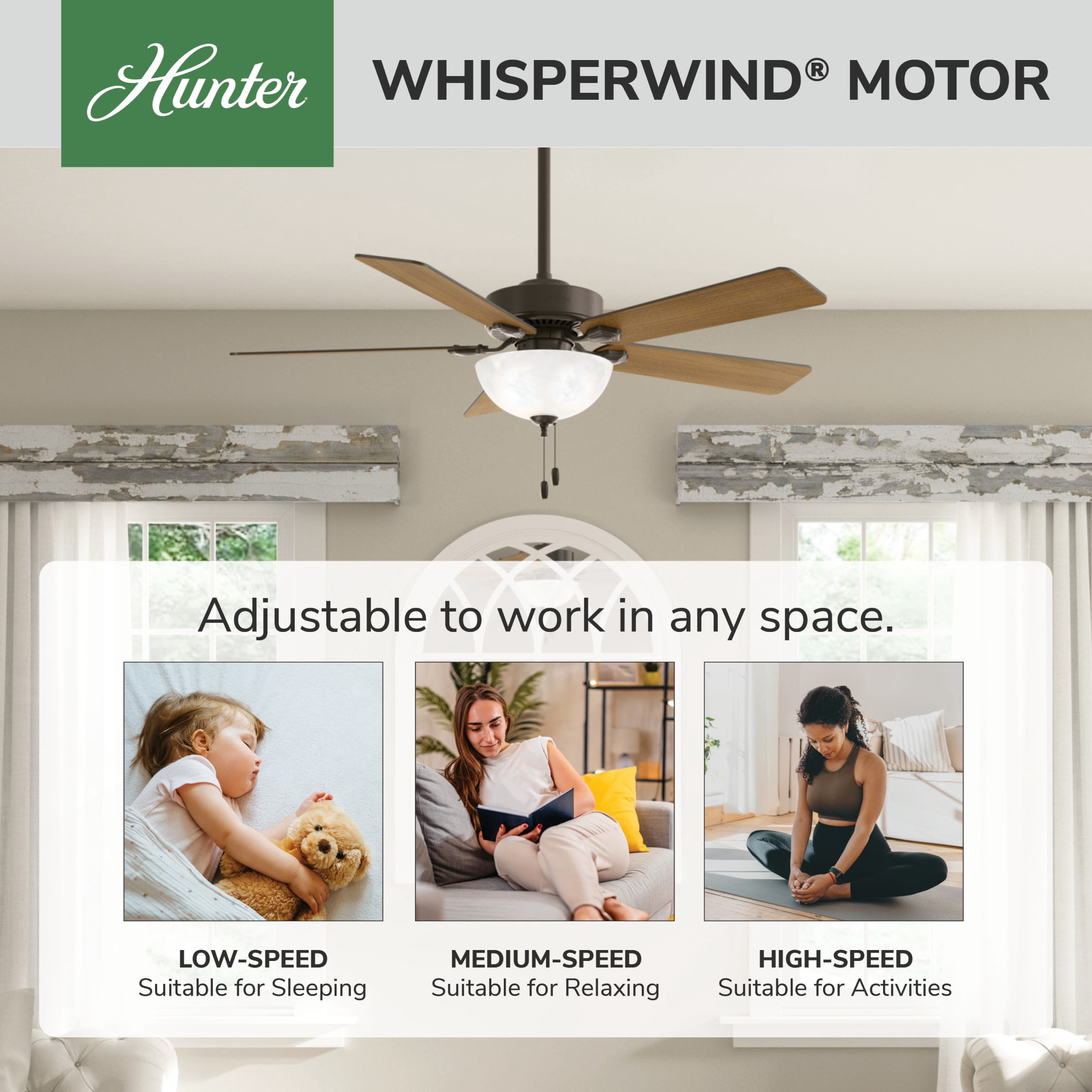Hunter - Swanson Indoor Ceiling Fan With Light, 52-inch, New Bronze, Traditional-style, 3-speed WhisperWind Motor, 50901, for living rooms, bedrooms, home offices, kitchens