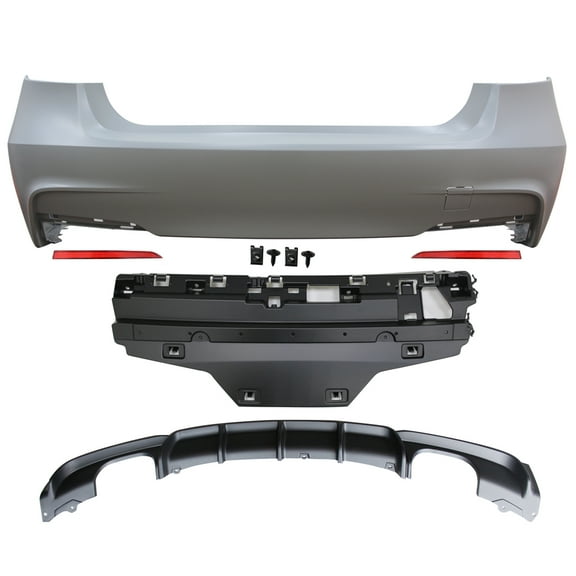 Ikon Motorsports Compatible with 12-18 BMW F30 3 Series MP Style Rear Bumper Cover Diffuser Twin Muffler
