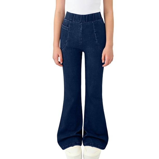 Pantalones vaqueros largos para niñas, de color liso, a la moda, ajustados, elásticos, acampanados, de poliéster