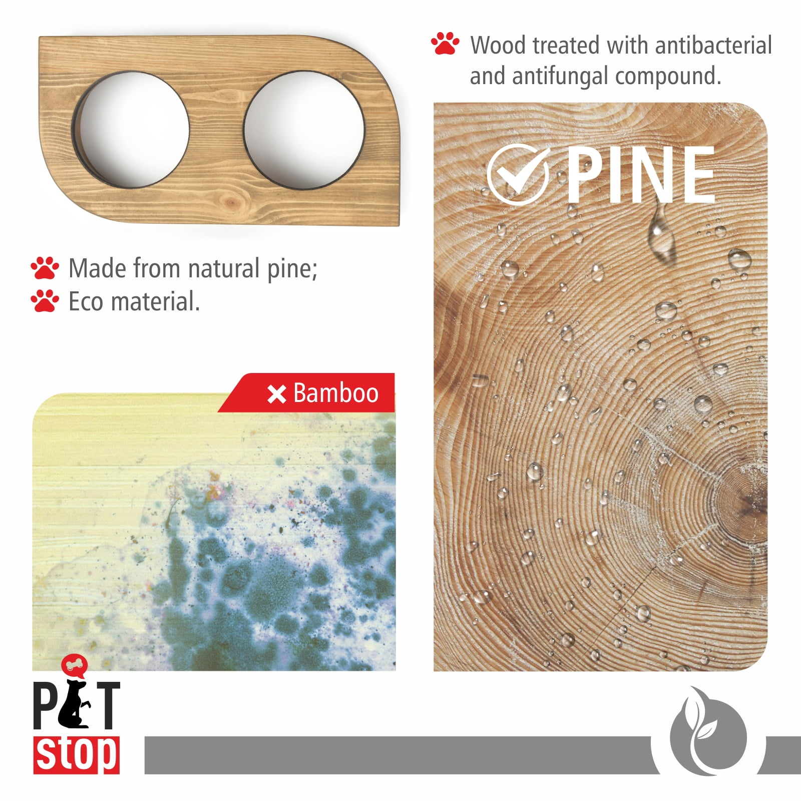 Pit stop Pet Food Bowls with Stand, Puppy Dog Feeding Bowls With Non-Skid Wooden Stand, Set of 2 Stainless Steel Food and Water Bowls for Dogs and Cats With Pine Wood Holder-Natural Wood Color-PET0004