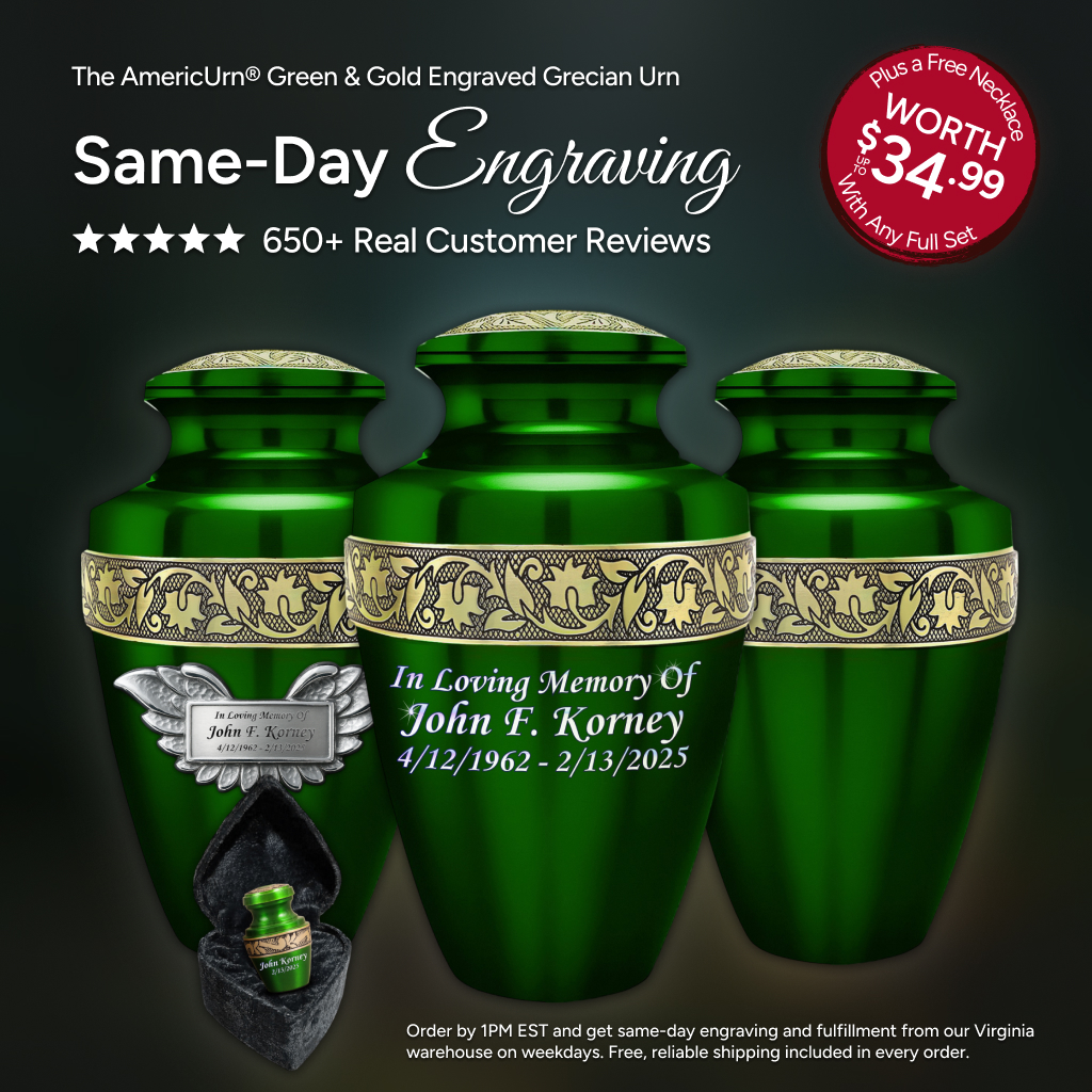 Set of 6 Green & Gold Grecian Cremation Urns for Cremation Ashes – 1 Large Adult Urn, 4 Keepsake Urns & 1 Necklace Urn, Handcrafted Memorial Tribute