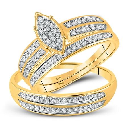 Gold Wedding Band Set - 10kt Yellow Gold His & Hers Round Diamond Cluster Matching Bridal Wedding Ring Band Set 1/4 Cttw