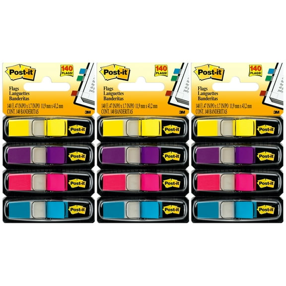 Post-it Highlighting Flags, Bright Colors, .47 in. Wide, 35 Flags/Dispenser, 4 Dispensers/Pack, 3 Packs