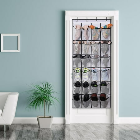 

GUSTVELarge Door Hanging Clear Shoe Cabinet 24 Pockets Visible Mesh Shoe Cabinet with 4 Metal Hooks Space Saving Shoe Rack White