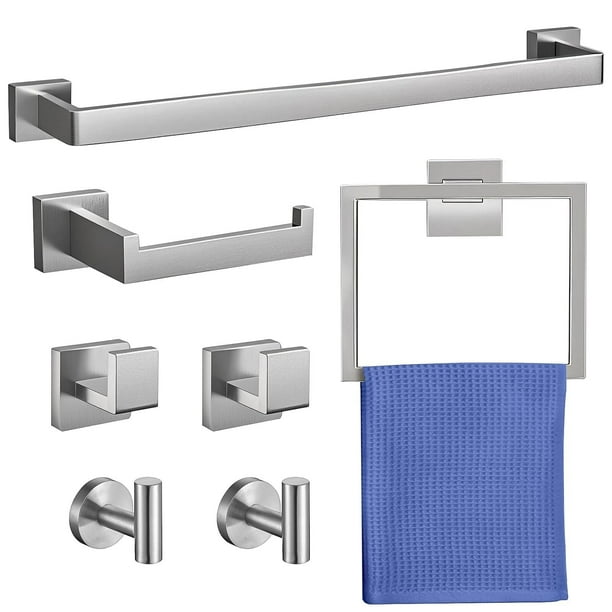 7 PCS Juego de Baño Accesorios, Incluye Toallero, Aro Toalla Cuadrado, Porta Papel, 2 Ganchos Cuadrados, 2 Ganchos para Ropa, Acero Inoxidable 304, Adecuado para Baño y Cocina