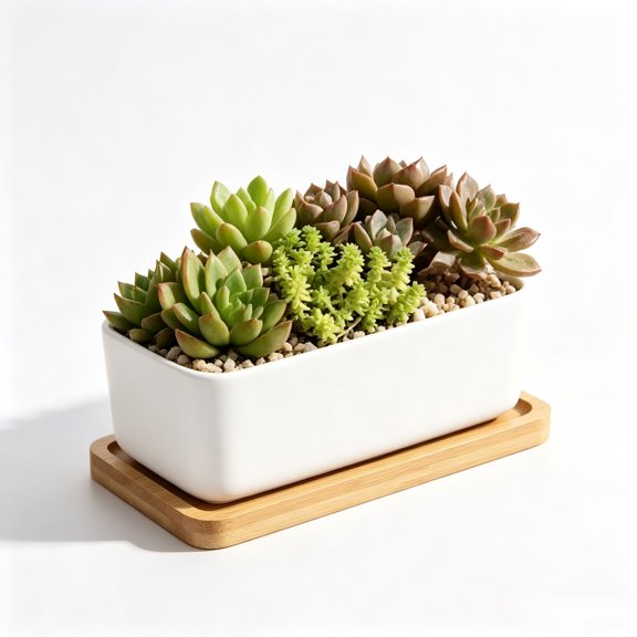 Bonsai Pot – Ceramic Oblong Flower Pot with Bamboo Tray, Succulent Planter, Garden Bonsai Pot, White (1 Pot 1 Bamboo Tray)