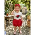 thumbnail image 5 of BemeyourBBs Newborn Baby Girl Litter Sister Outfits Infant Baby Girl Summer Clothes Letter Flower Watermelon Embroidery Short Sleeve Romper Elastic Waist Ruffles Skorts Skirt Headband Set, 5 of 9