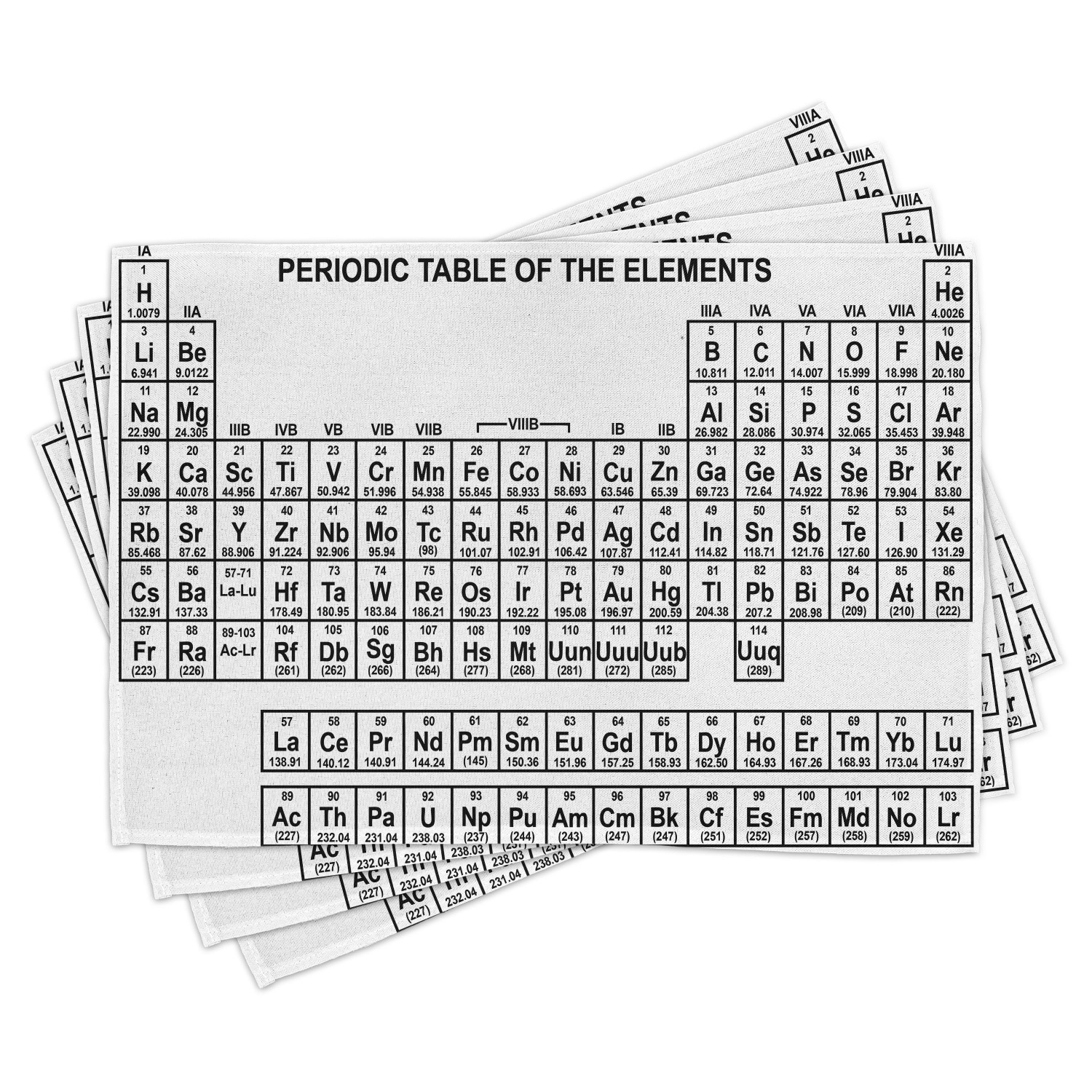 Periodic Table Placemats Set of 4 Monochrome Simple Science Chemistry