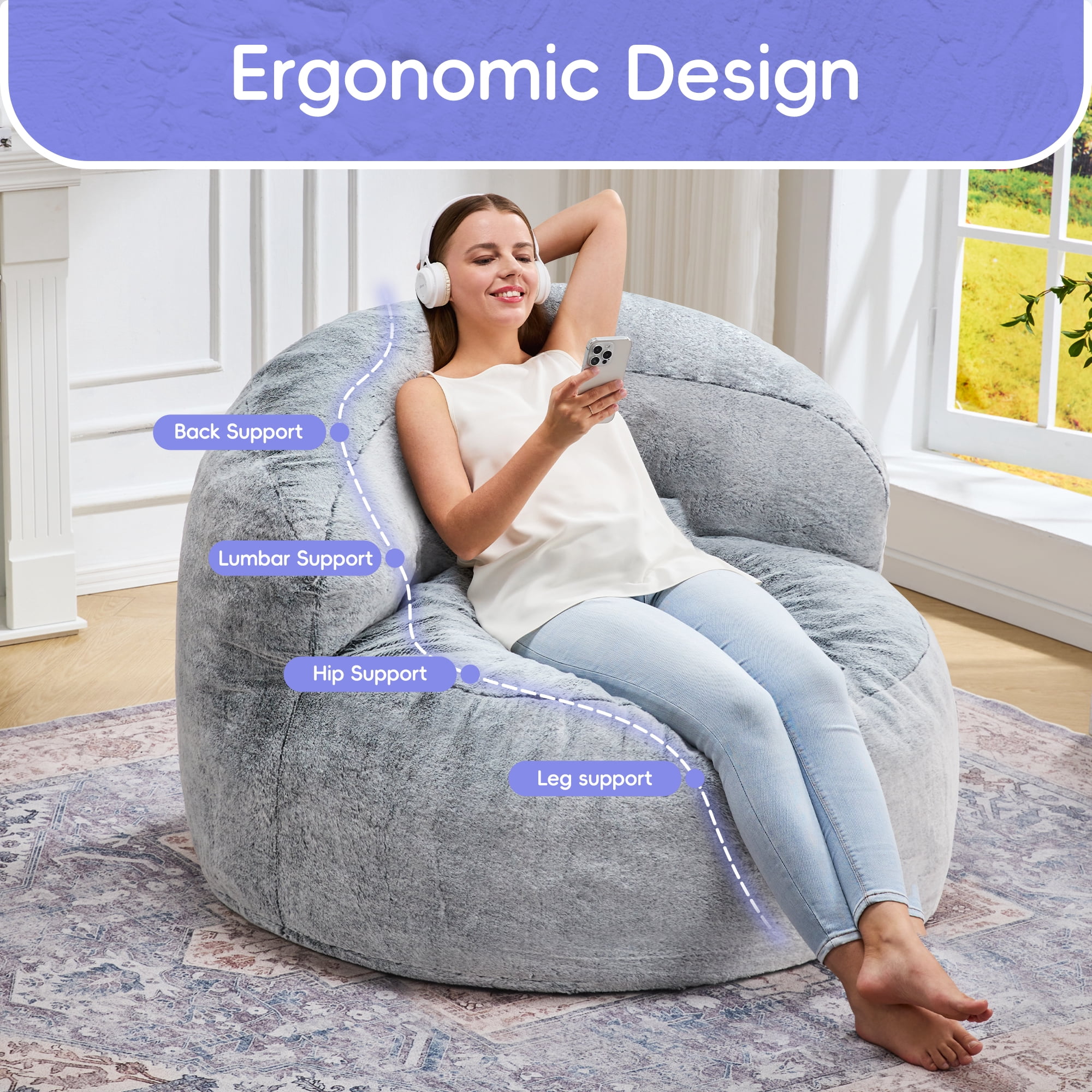 Hobestluk 3FT Bean Bag Chair for Adults with Memory Foam Filler Giant Beanbag with Faux Fur Cover for Bedroom (Plush Grey,Large)