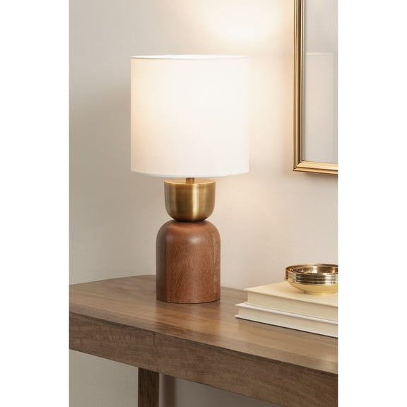 Kate and Laurel Marley Modern Mango Wood and Metal Bedside Table Lamp, 8 x 8 x 17, Antique Brass and Walnut Brown, Decorative Sculpted Hourglass Tabletop Desk Lamp with Linen Shade for Living Room