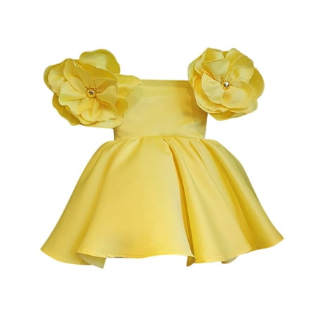 

LNWUY 5-13 Years Summer New Style Solid Color Flower Embroidery Mesh Tulle Tutu Girl Birthday Dress Dress 120-170 Size Yellow 3-4 Years