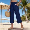 thumbnail image 2 of Linen Capri Pants for Women Summer 2026 Wide Leg Loose Fit Drawstring Elastic High Waisted Beach Cropped Trousers Navy XXL, 2 of 4
