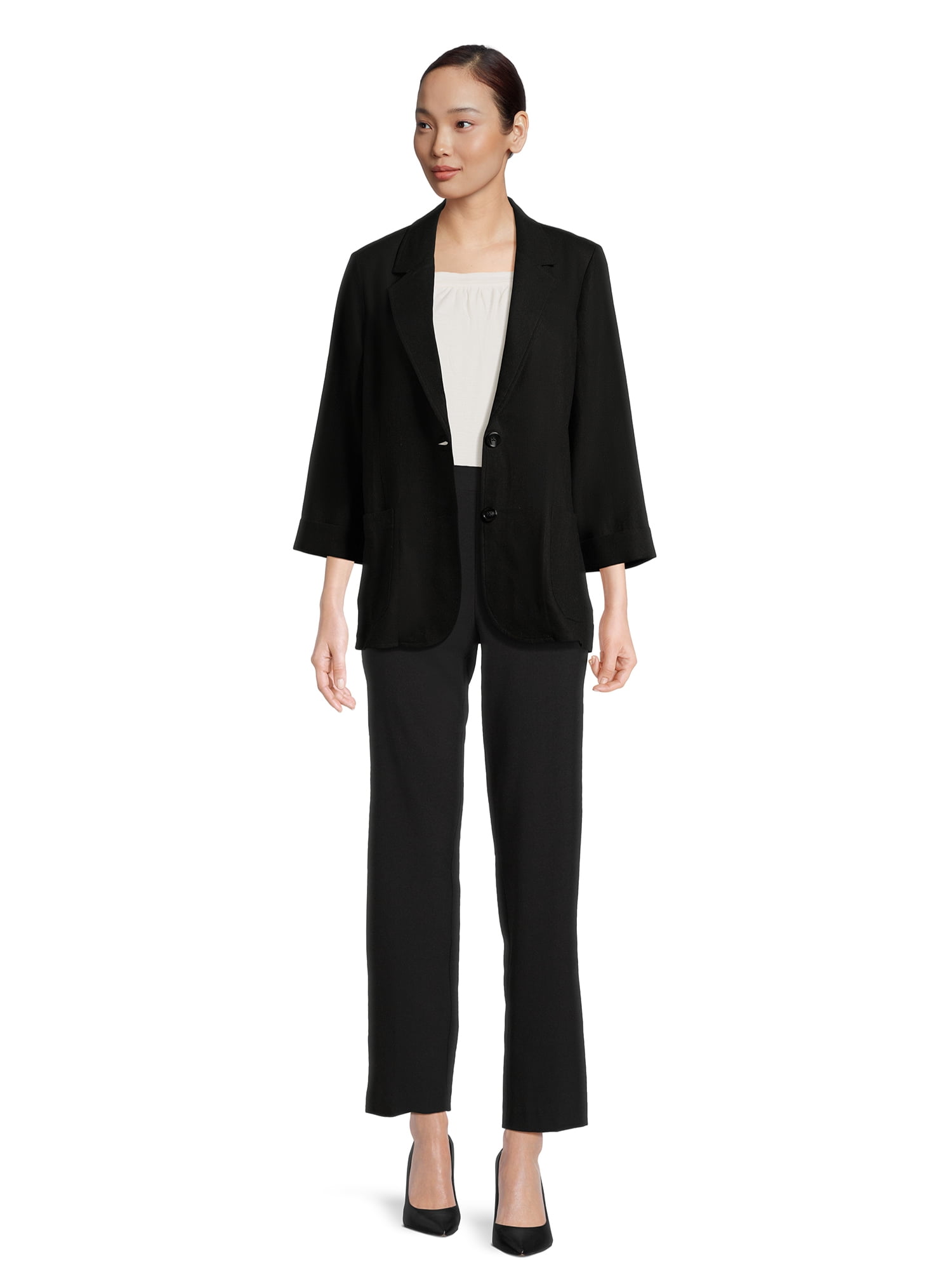 Time and Tru Women’s Linen-Blend Button Front Blazer with Patch Pockets, Sizes S-XXXL