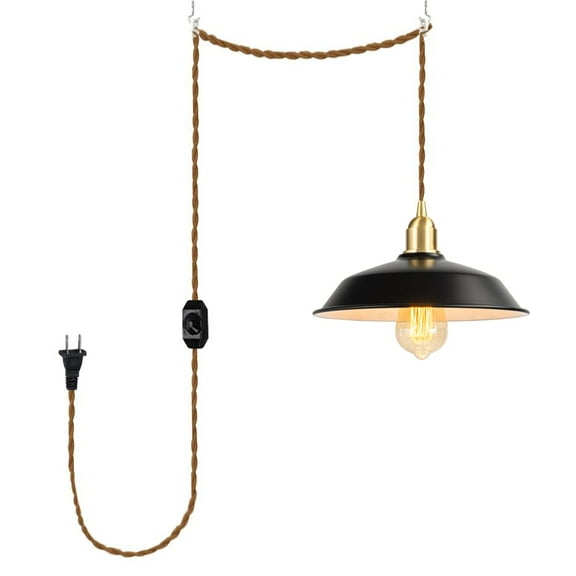 KAYYELAMP 15ft Plug in Dimmable Cord Pendant Light E26 Brass Base Black Shade Vintage Style Metal Hanging Light Modern Decor for Kitchen Home Office 1 Pcs(No Bulb)