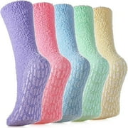 YHRY 5 Pairs Fuzzy Socks with Grips for Women, Anti Skid Fuzzy Slipper Socks, Warm Winter Fluffy Soft Fleece Socks, Non Slip Socks, Sleep Socks, for Women's and Girls Gift, One Size, Candy Colors