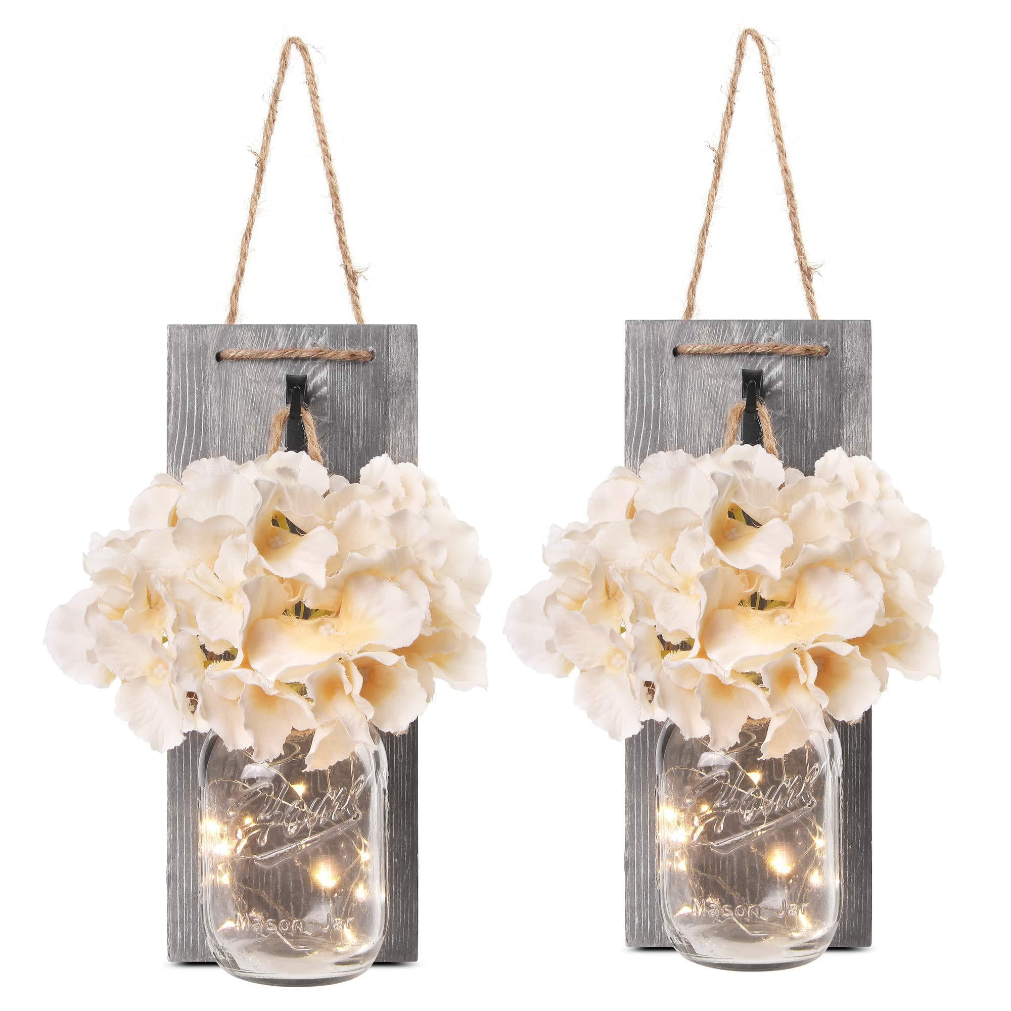 LED Fairy Lights with Automatic On and Off Timer Vintage Wall Hanging Decor Home Decorative Lighting Besuerte Mason Jar Wall Sconces Rustic Brown Set