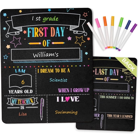 DOLLAR BOSS First and Last Day Chalkboard Signs, 14”x11” Double-Sided Reusable And Erasable Chalkboard with 7 Colorful Chalk Markers, Portable Dry Erase Chalk Board Ideal Photo Memory Kindergarten