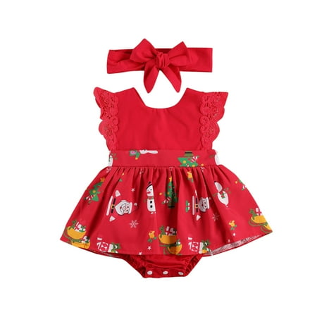 

Spring hue Baby Girls Christmas Romper Skirt Lace Shoulder Dress Hair Band Set