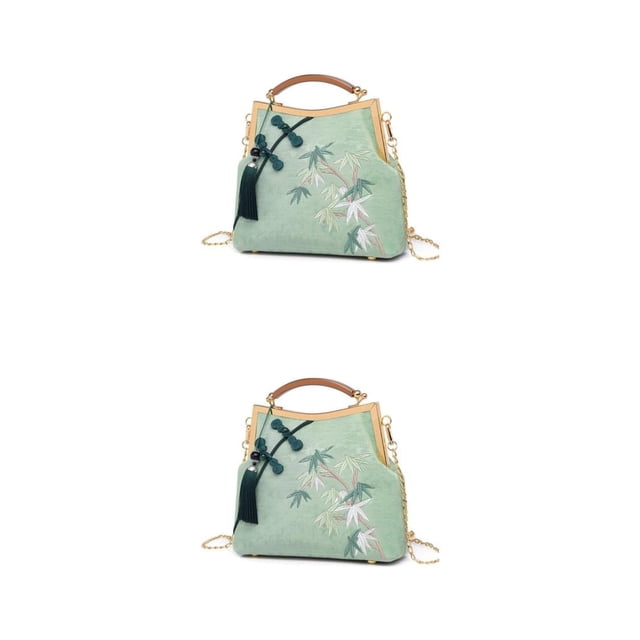 Sonducket Bolso de hombro con cadena para mujer, bandolera de estilo chino, portátil, con flores Vintage puras, bordado, verde Verde 2Conjunto