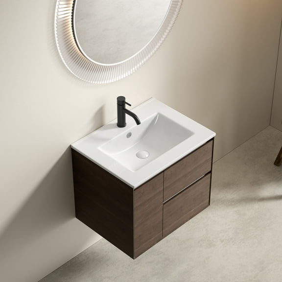 24 inch Bathroom Vessel Sink, Ceramic Bathroom Vanity Sink Top without Overflow, Convenient for Storing Personal Items - Glossy White