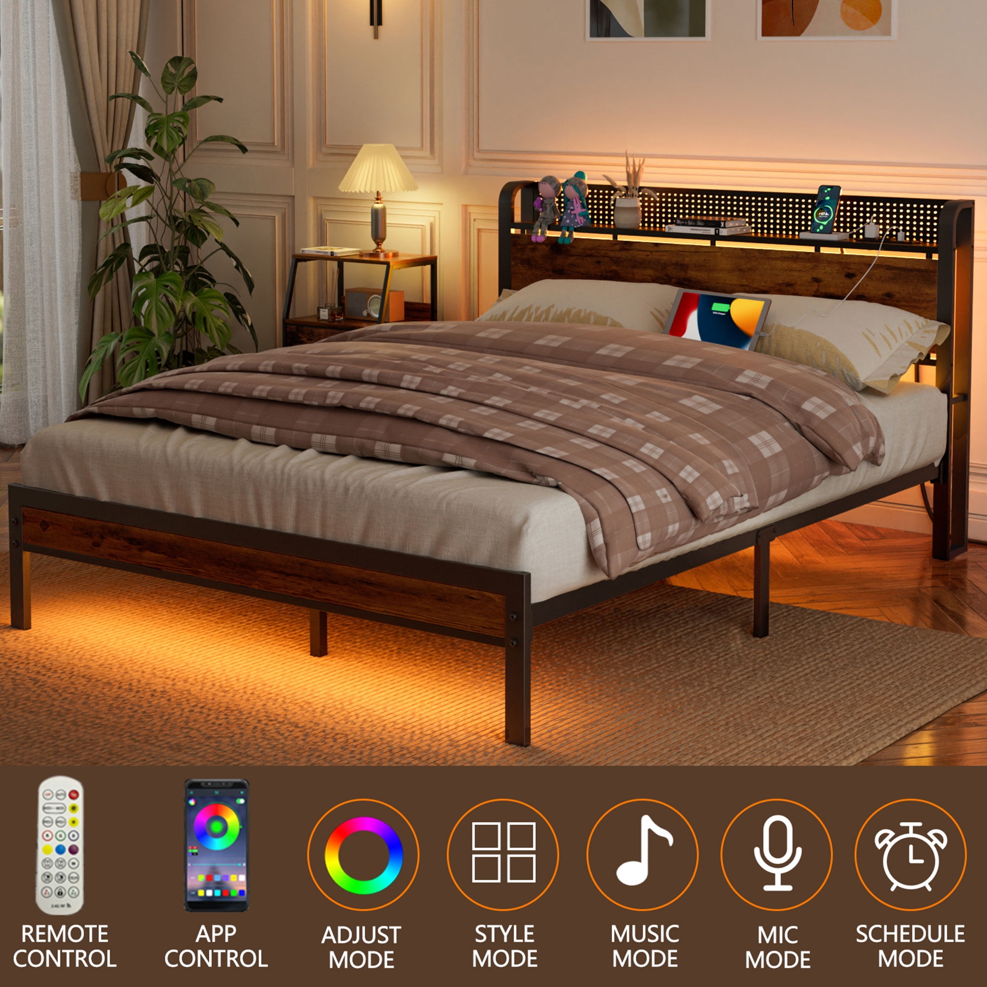 Furnulem Queen Bed Frame with LED Lights, Storage Headboard with Charging Station & USB Port, Metal Mesh Platform Bed Frame with 1000lbs Support, Noise Free