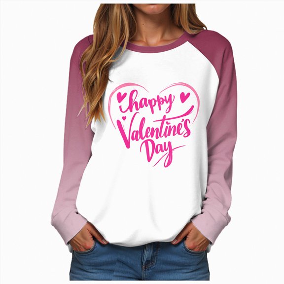 HCNTES Womens Valentines Long Sleeve Crew Neck Shirts Love Heart Casual Funny Spring Tee Tops for Ladies(Pink,L)