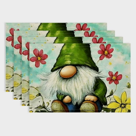 

Pratyus 4pcs Garden Gnome Flowers Linen Dining Table Placemats for Birthday Parties and Home Decoration 18x12in