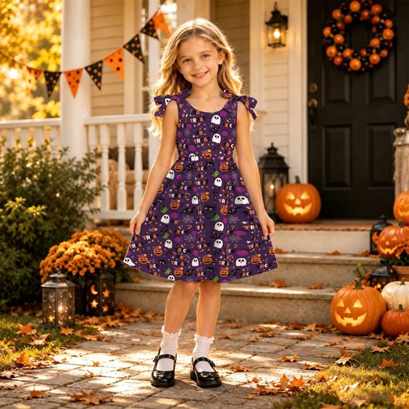 Huowey Toddler Kids Halloween Dress Pumpkin Ghost Graphic Bow Dress-Up Party A-Line Dresses Crew Neck Sleeveless Casual Trick Or Treat Cute Festival Clothes,Purple,3-4 Years