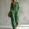thumbnail image 3 of WULMLEO Wide Leg Romper Women Cotton Linen Workout V Neck Long Sleeve Button Front One Piece Jumpsuits Casual Oversized Dressy Office Overalls with Multi Pockets Green XL, 3 of 7