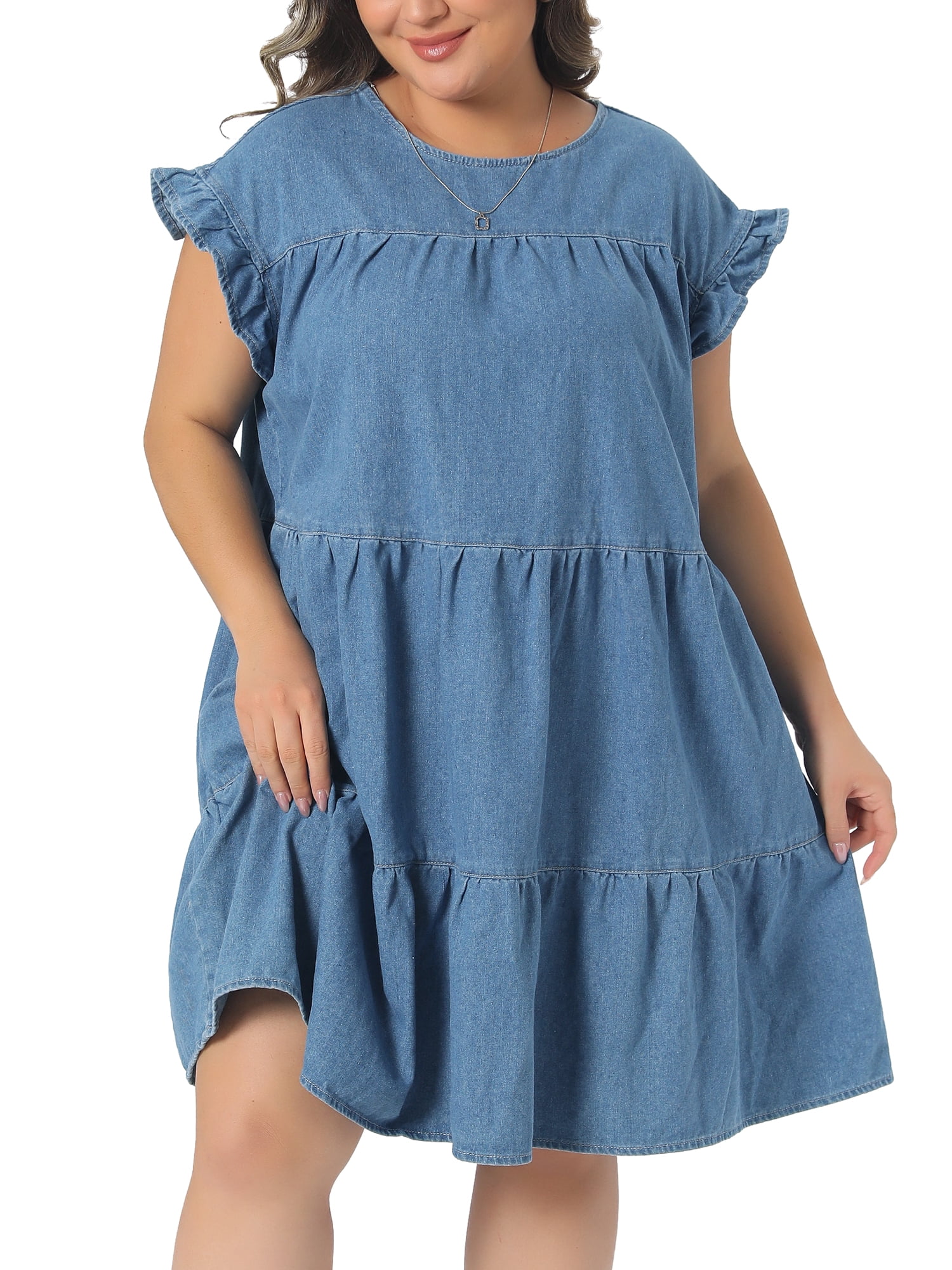 DARING DIVA Women's Plus Denim Dress Babydoll Ruffle Sleeve 2X Light Blue