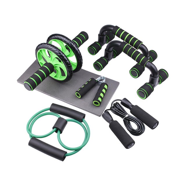 Lipstore 7 Piece Ab Workout Roller Wheel Kit Complete Accessory Fitness Equipment Set Green